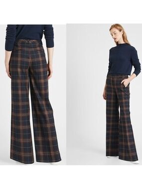 Banana Republic Navy Plaid Check Tartan HIGH-RISE SLIM WIDE-LEG PANT 6S